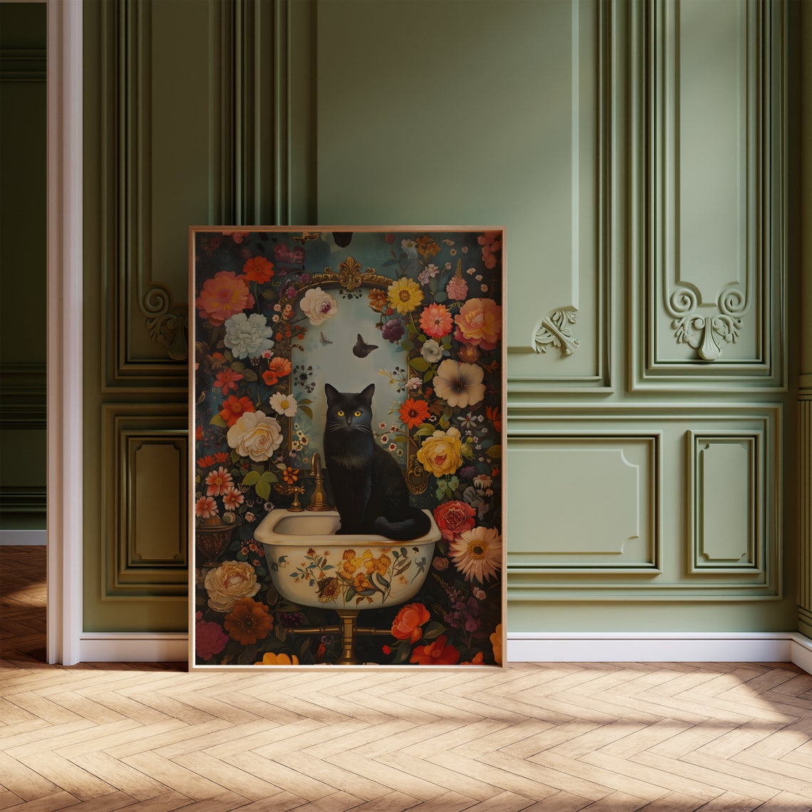 Black Cat on Floral Bathroom Sink Maximalist Whimsical Poster - Image 3