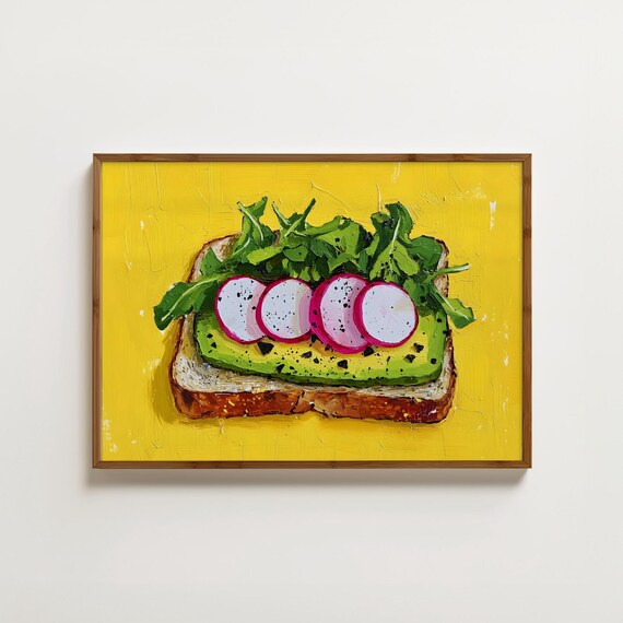 Avocado Toast Print Breakfast Painting Avocado Art Vegan Food Prints Trendy Kitchen Decor Maximalist Art Cute Cafe Decor Dining Room Prints