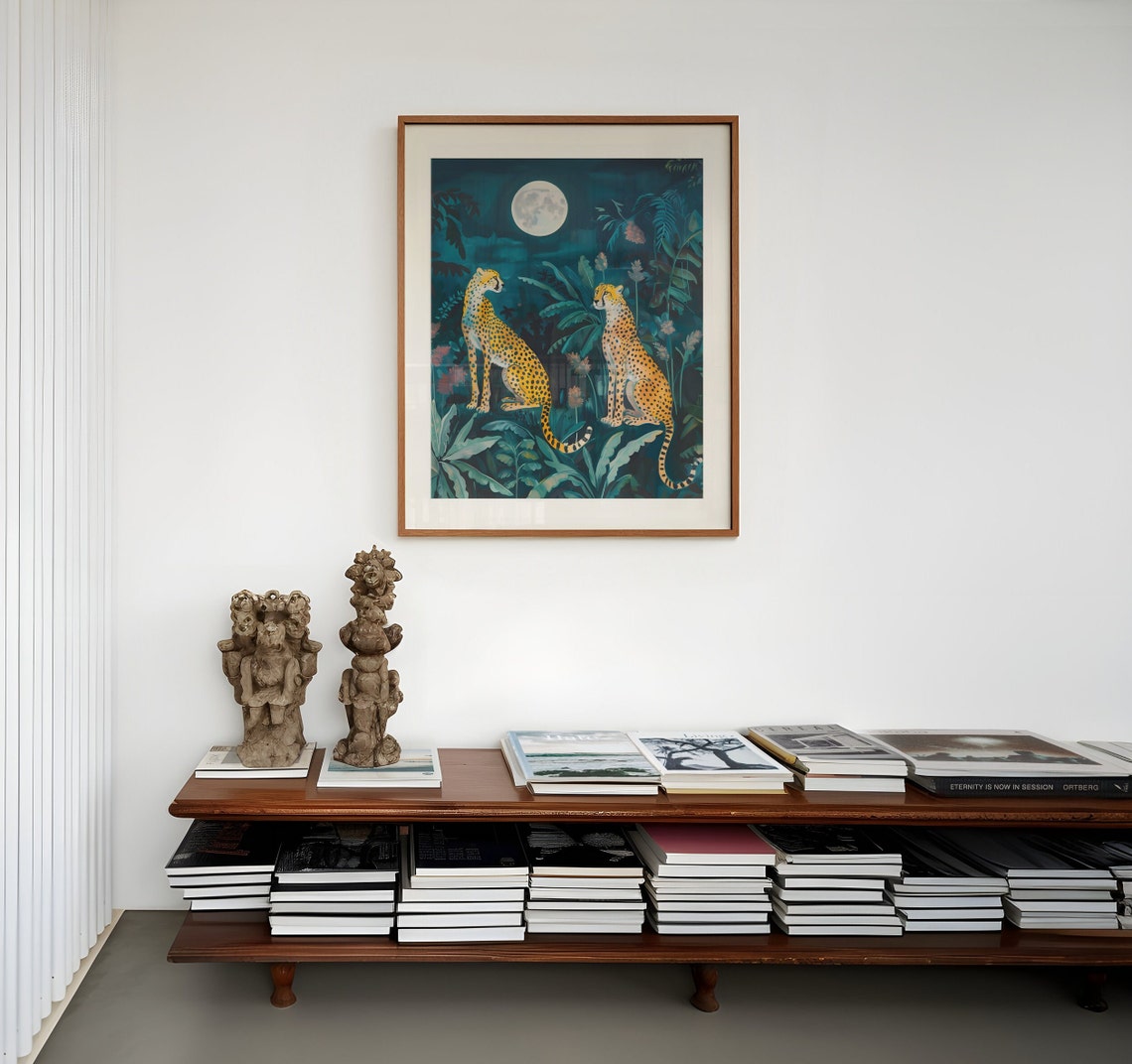 Two Leopards Under Full Moon In Tropical Jungle Night Art Poster - Image 4