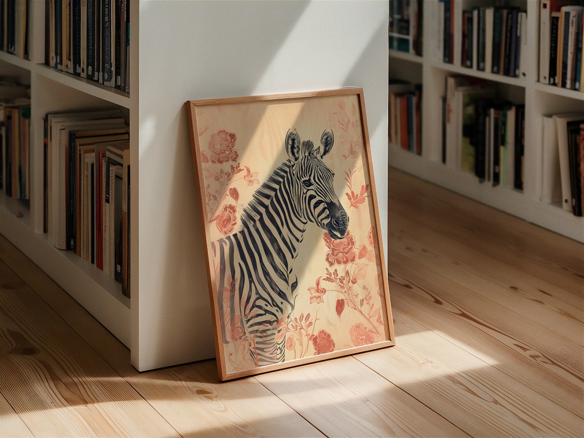 Standing Zebra Among Peach Blossoms Vintage Floral Art Print - Image 2