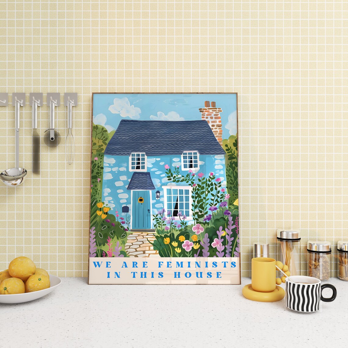 We Are Feminists In This House Cottage Floral Quote Art Poster - Image 2