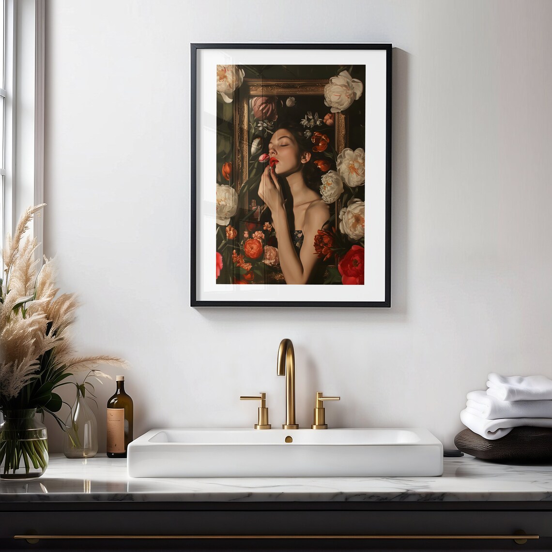 Woman Applying Lipstick Among Florals Moody Vintage Art Poster - Image 4