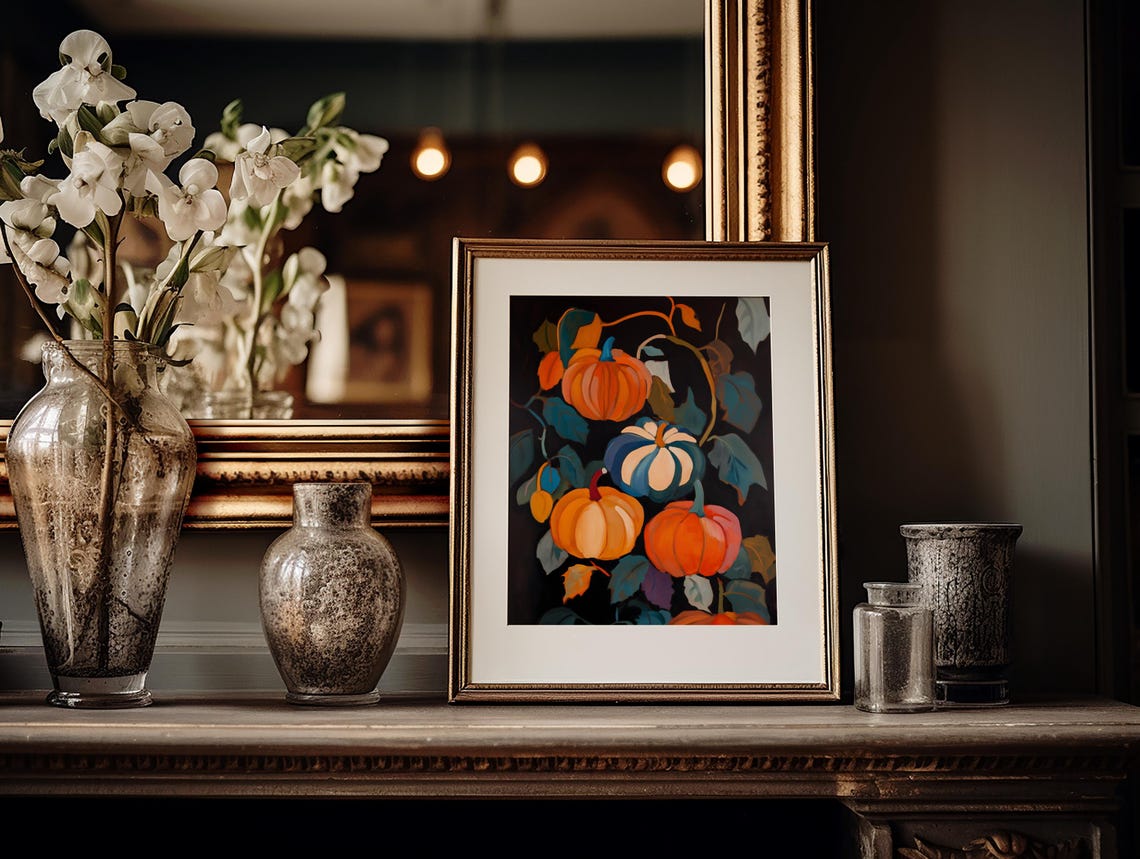 Moody Pumpkin Vines Dark Background Autumn Harvest Painting Poster - Image 2