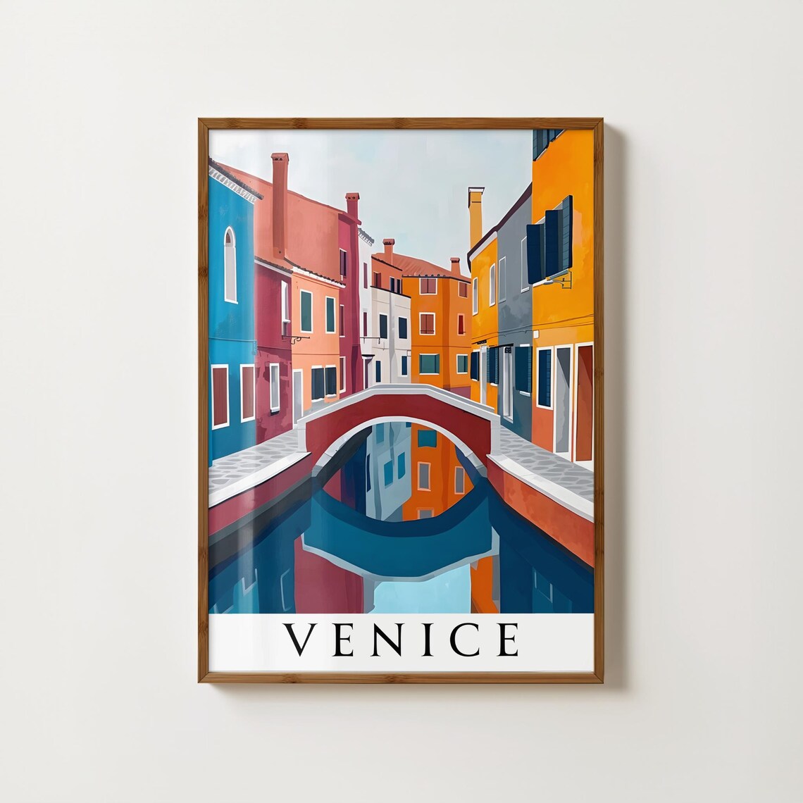 Venice Colorful Canal Red Bridge Perfect Reflection Travel Poster