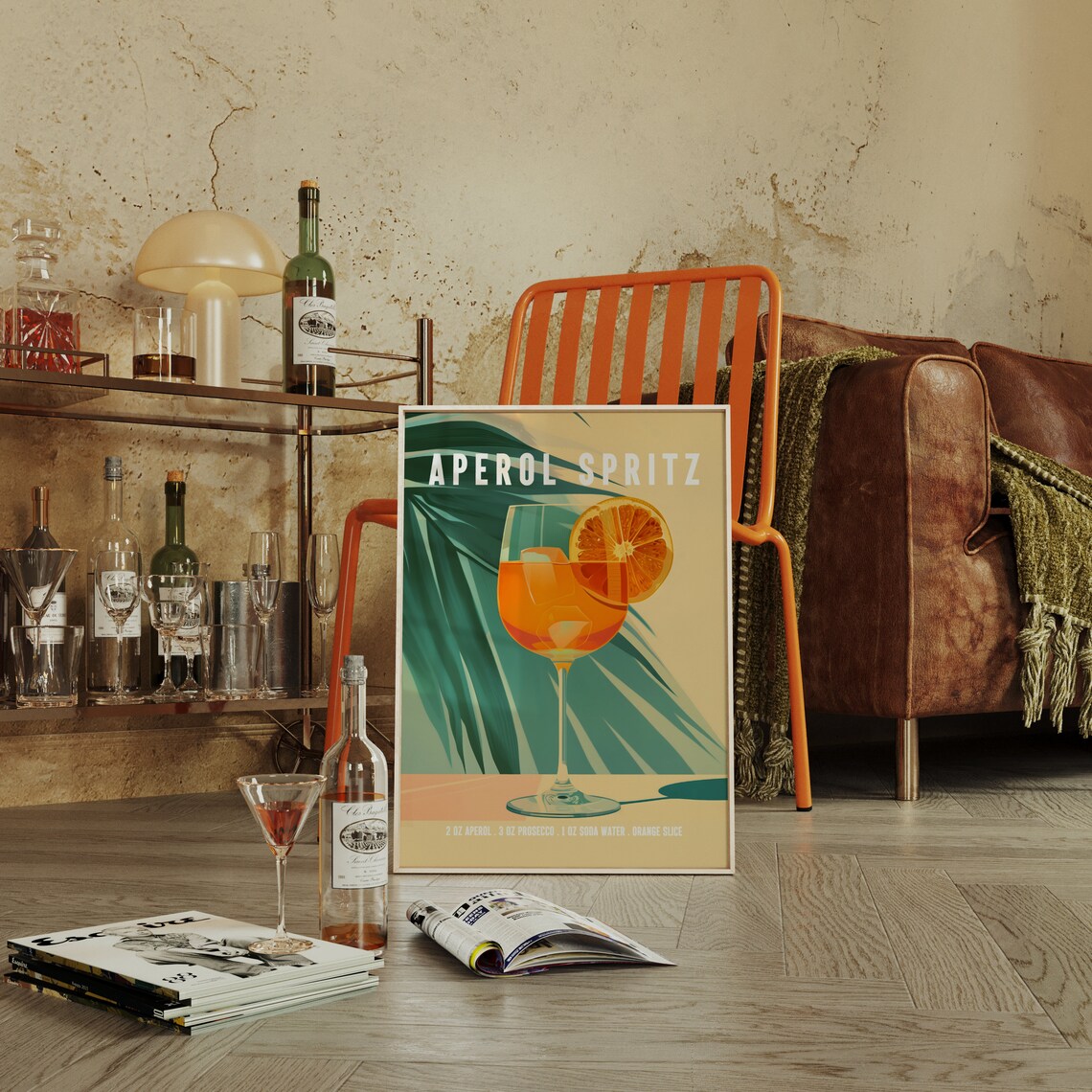 Aperol Spritz Cocktail Recipe Retro Tropical Bar Cart Art Print - Image 4