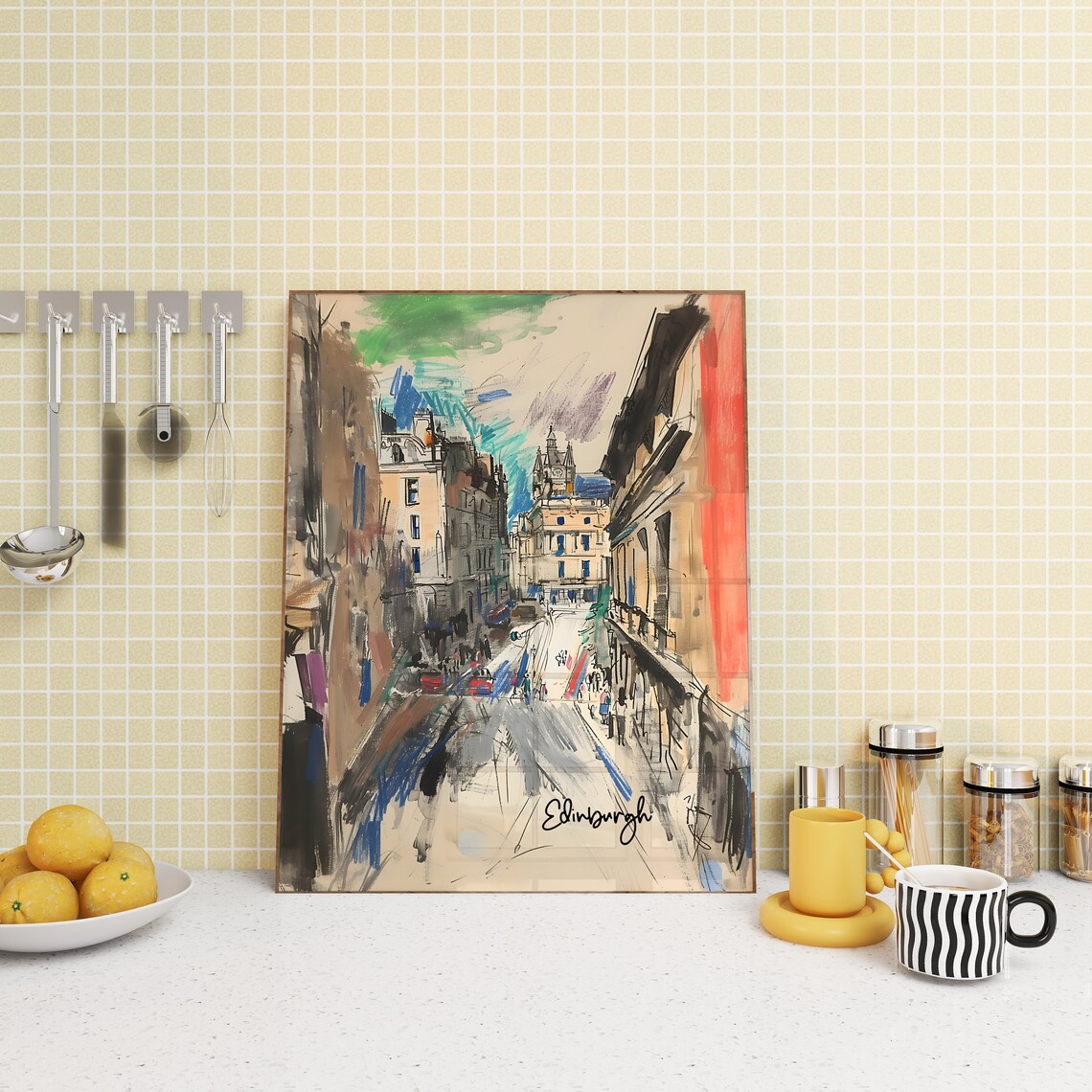 Edinburgh Old Town Street In Loose Colorful Sketch Style Art Poster - Image 3