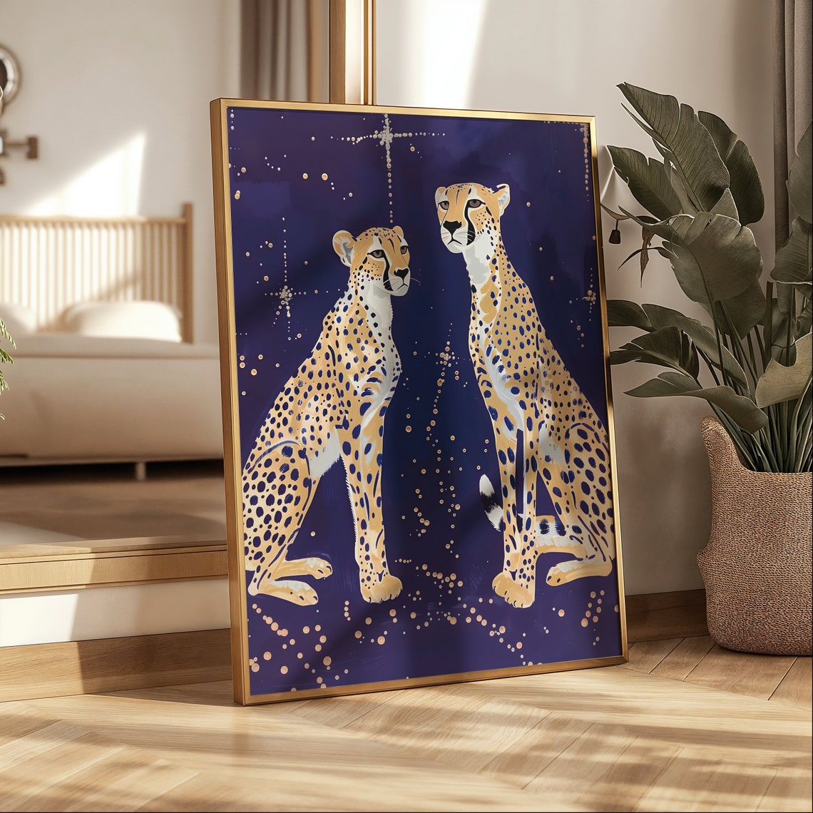 Two Cheetahs Beneath A Glittering Starry Night Sky Decorative Poster - Image 2