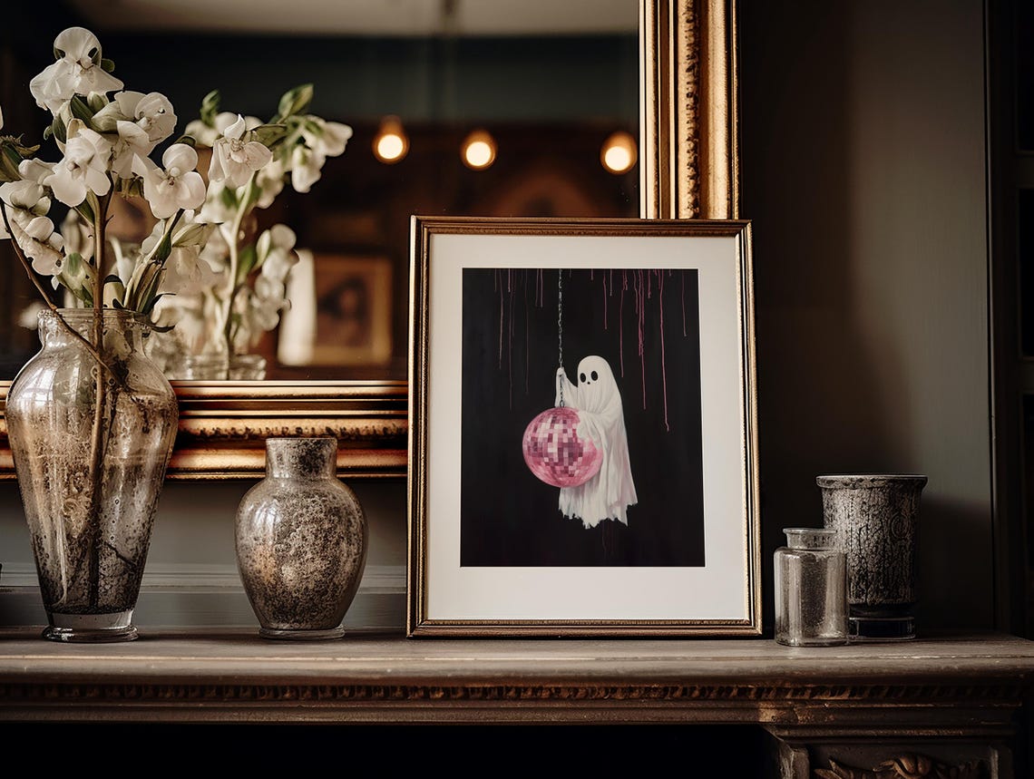 Cute Ghost Holding A Pink Disco Ball Spooky Halloween Decor Art Poster - Image 4
