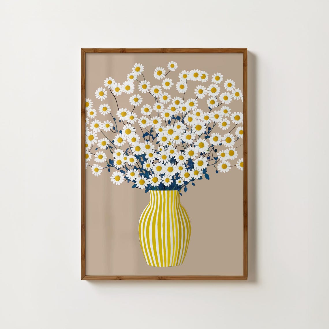 White Daisies Yellow Striped Vase Beige Botanical Wall Art Decor