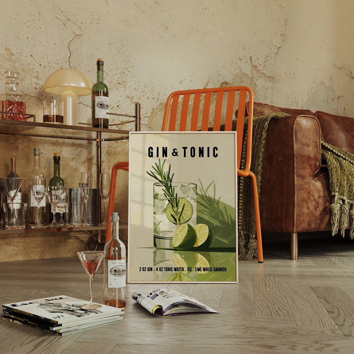 Gin & Tonic Retro Cocktail Poster Print, Bar Cart Decor - Image 3