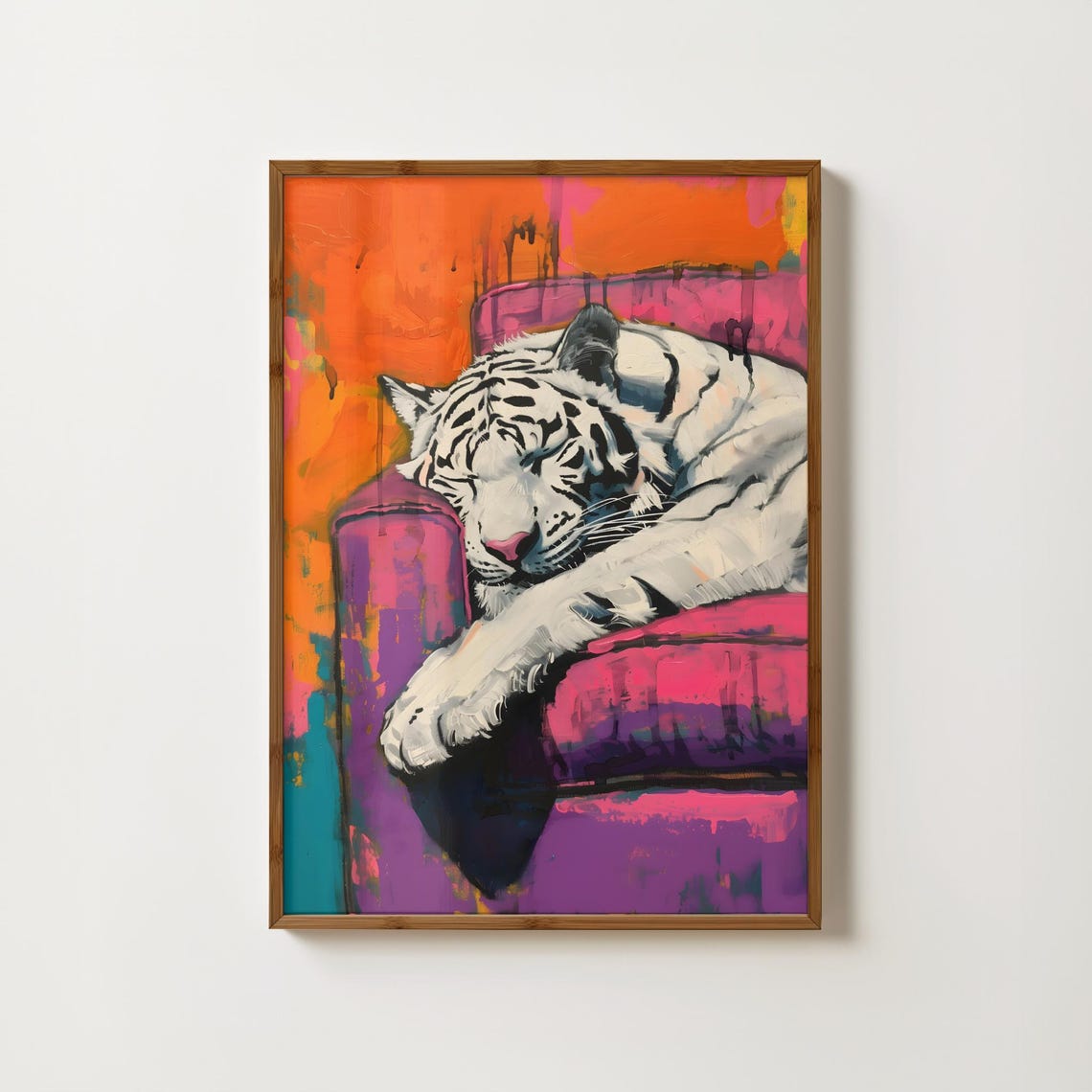 White Tiger Napping On Pink Couch Neon Pop Colorful Art Poster