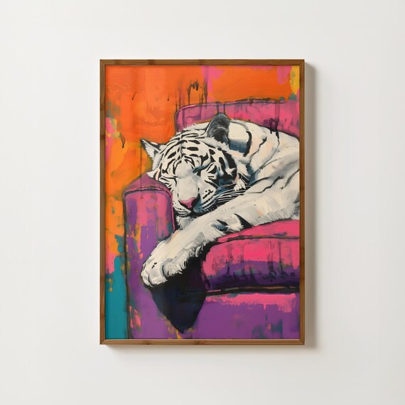 White Tiger Napping On Pink Couch Neon Pop Colorful Art Poster