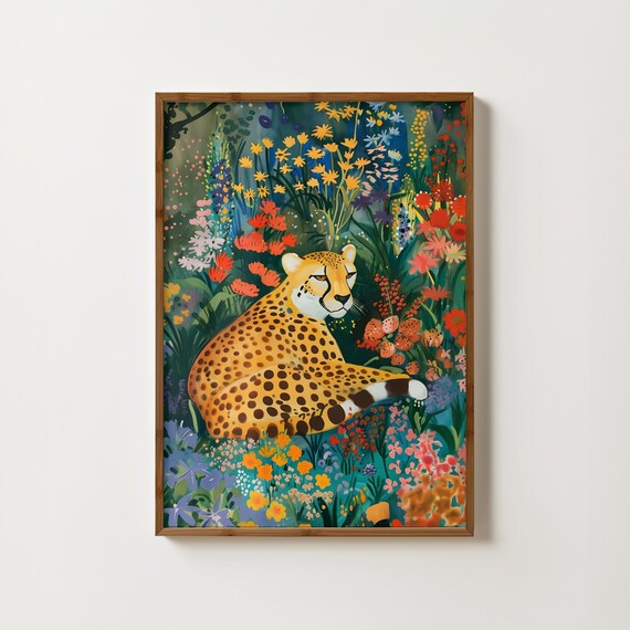 Floral Cheetah Maximalist Jungle Garden Blooms Big Cat Wall Art