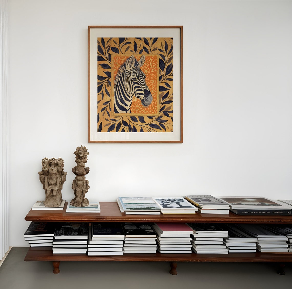 Zebra Head Portrait Against Orange Ornate Floral Panel Art Print - Image 4