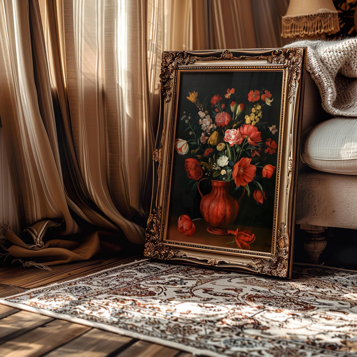 Red Poppy Bouquet Red Vase Dark Dutch Floral Painting Poster - Image 3