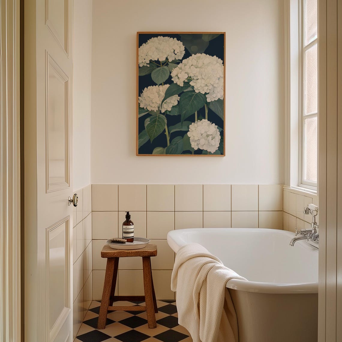 White Hydrangea Navy Botanical Vintage Floral Wall Art Decor - Image 3