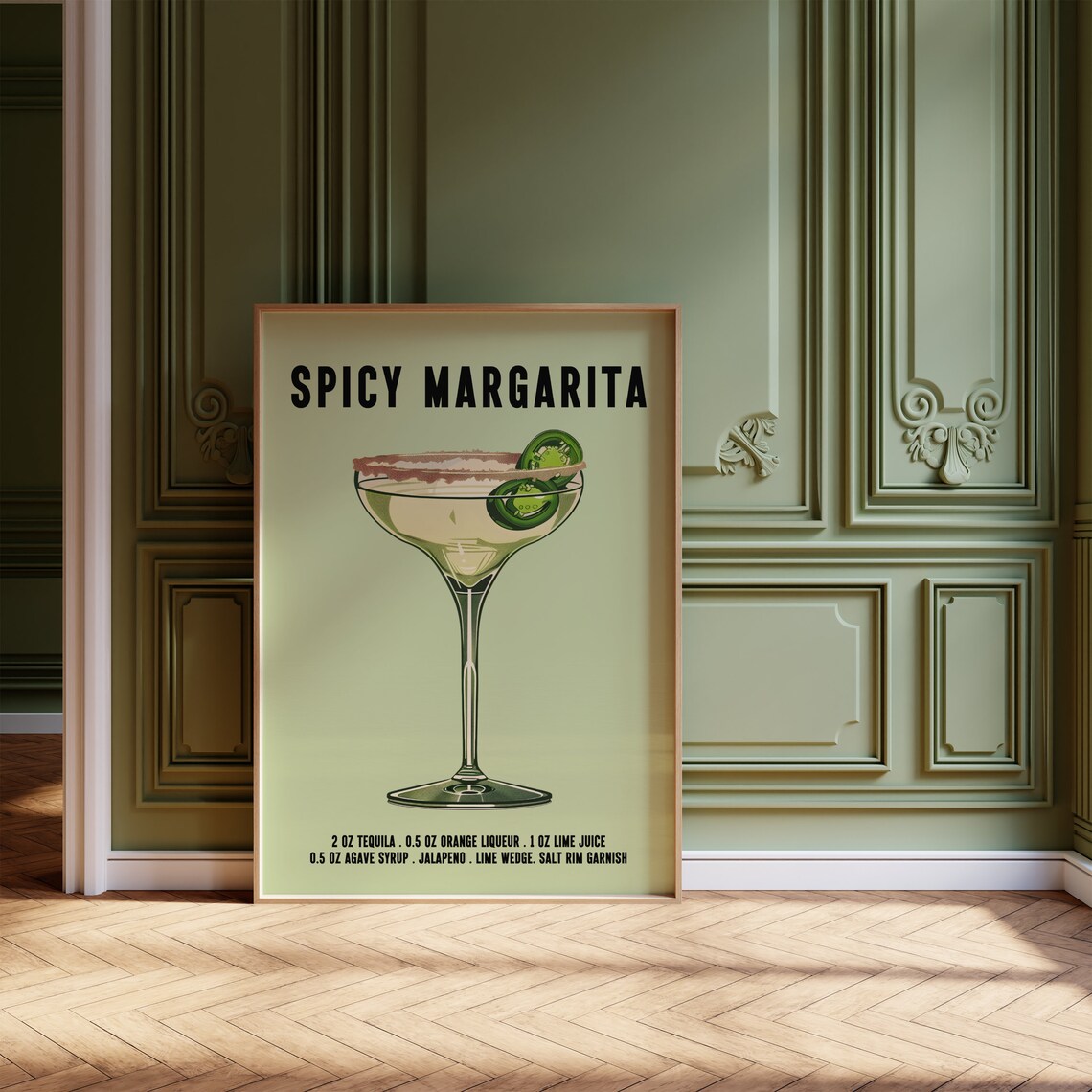 Spicy Margarita Tequila Cocktail Recipe On Green Background Artwork Poster - Image 3