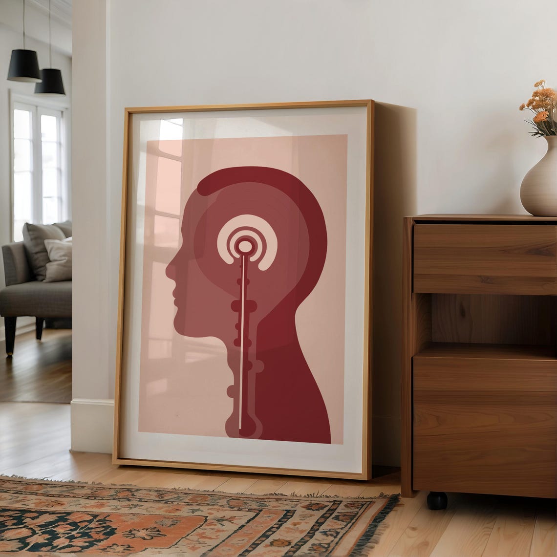 Abstract Profile Head With Spiral Key Motif In Deep Rose Tones Poster - Image 4