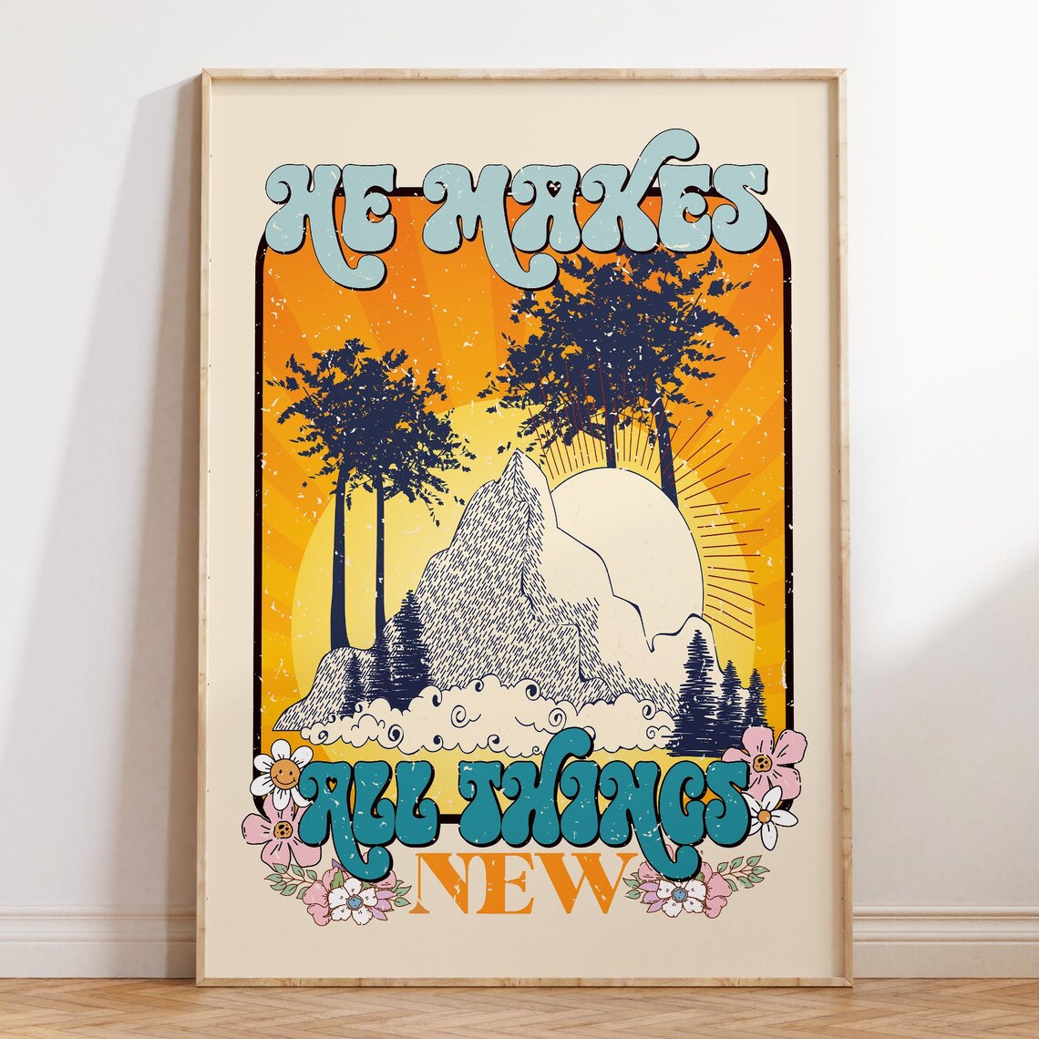 He Makes All Things New Retro Mountain Sunset Christian Faith Poster