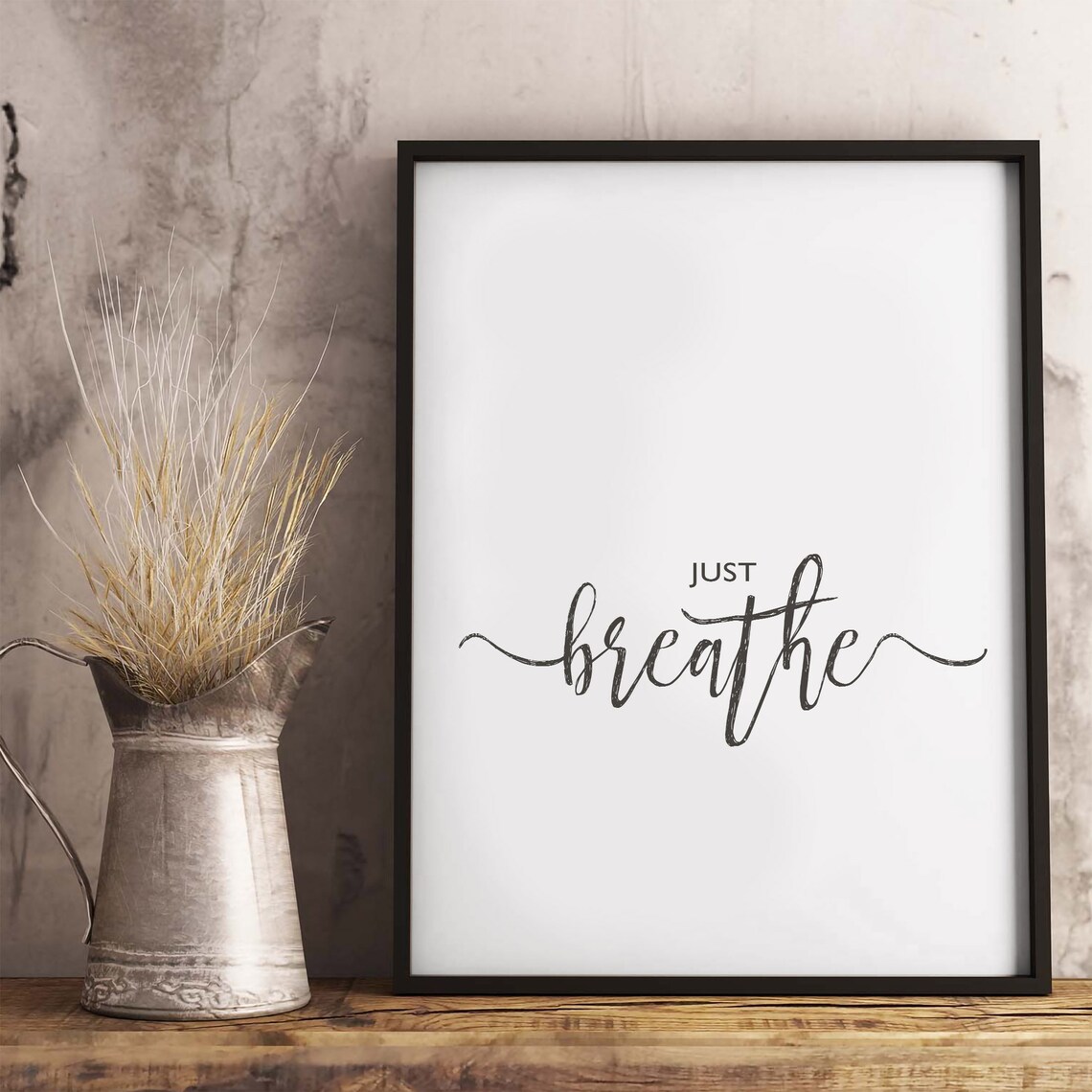 Just Breathe Hand Lettered Calligraphy Quote Print Minimalist Wall Art Poster - Image 4