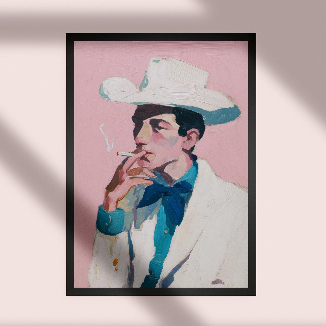 Western Cowboy with White Hat Smoking Pastel Pink Portrait Poster