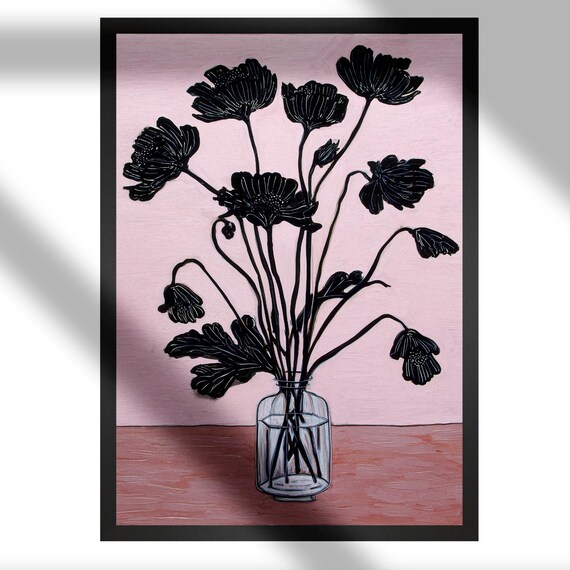 Black Ink Flowers in Glass Vase Moody Pink Floral Bouquet Poster