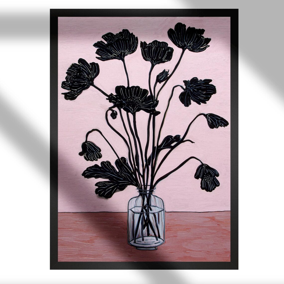 Black Ink Flowers in Glass Vase Moody Pink Floral Bouquet Poster