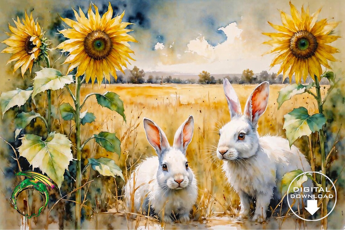 Two White Rabbits Among Sunflowers in Golden Field Watercolor Poster