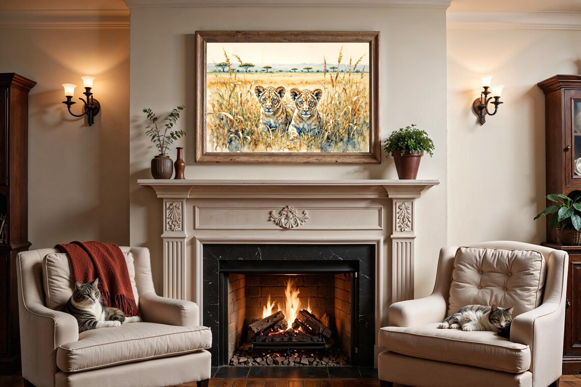 Two Lion Cubs in Golden Savanna Grass Soft Watercolor Poster - Image 4