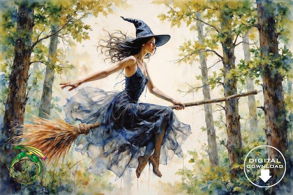 Witch Flying on Broomstick Through Green Summer Forest Poster