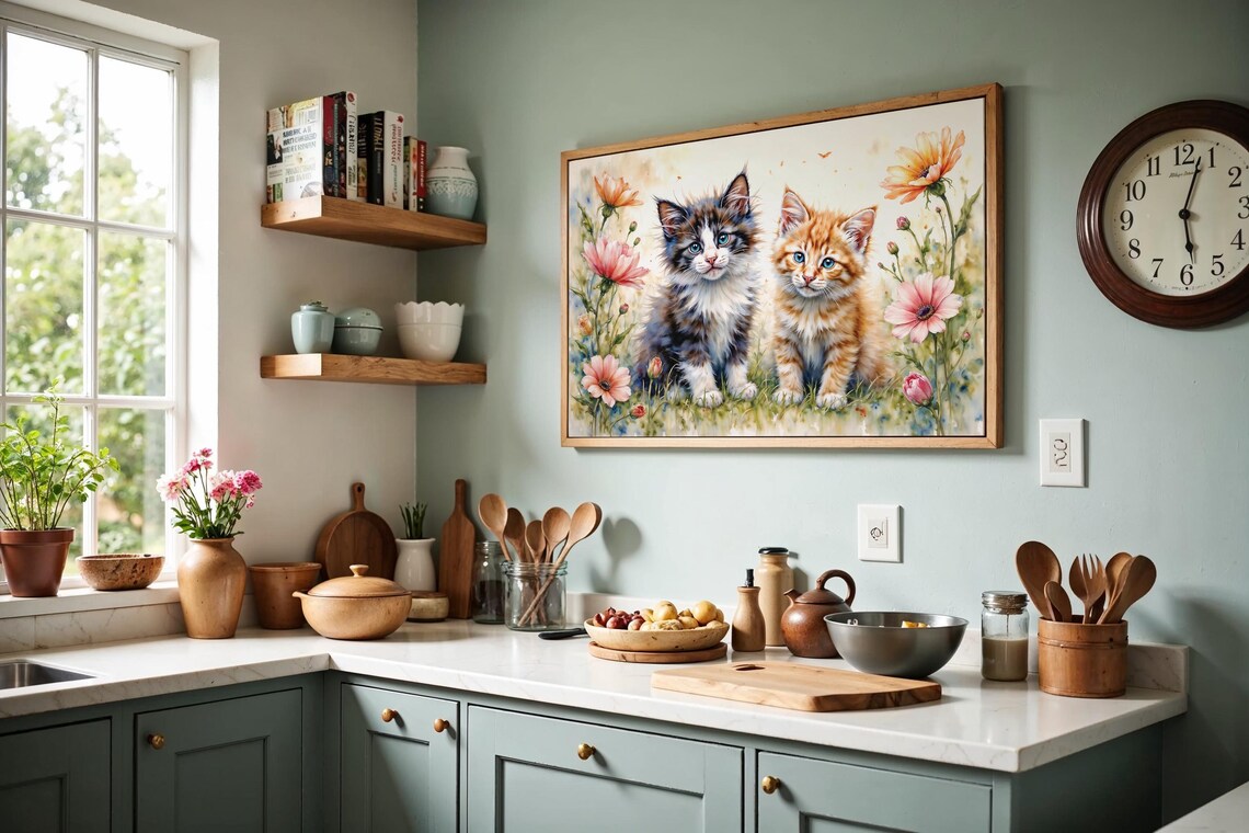 Two Playful Kittens Among Tall Cosmos Flowers Watercolor Poster - Image 4