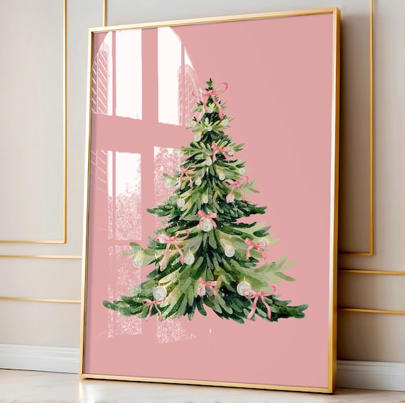 Pink Christmas Tree Watercolor Bows Dusty Rose Holiday Wall Poster