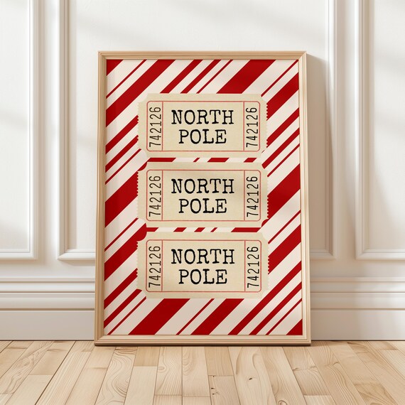 North Pole Vintage Ticket Stubs On Candy Cane Stripe Holiday Poster