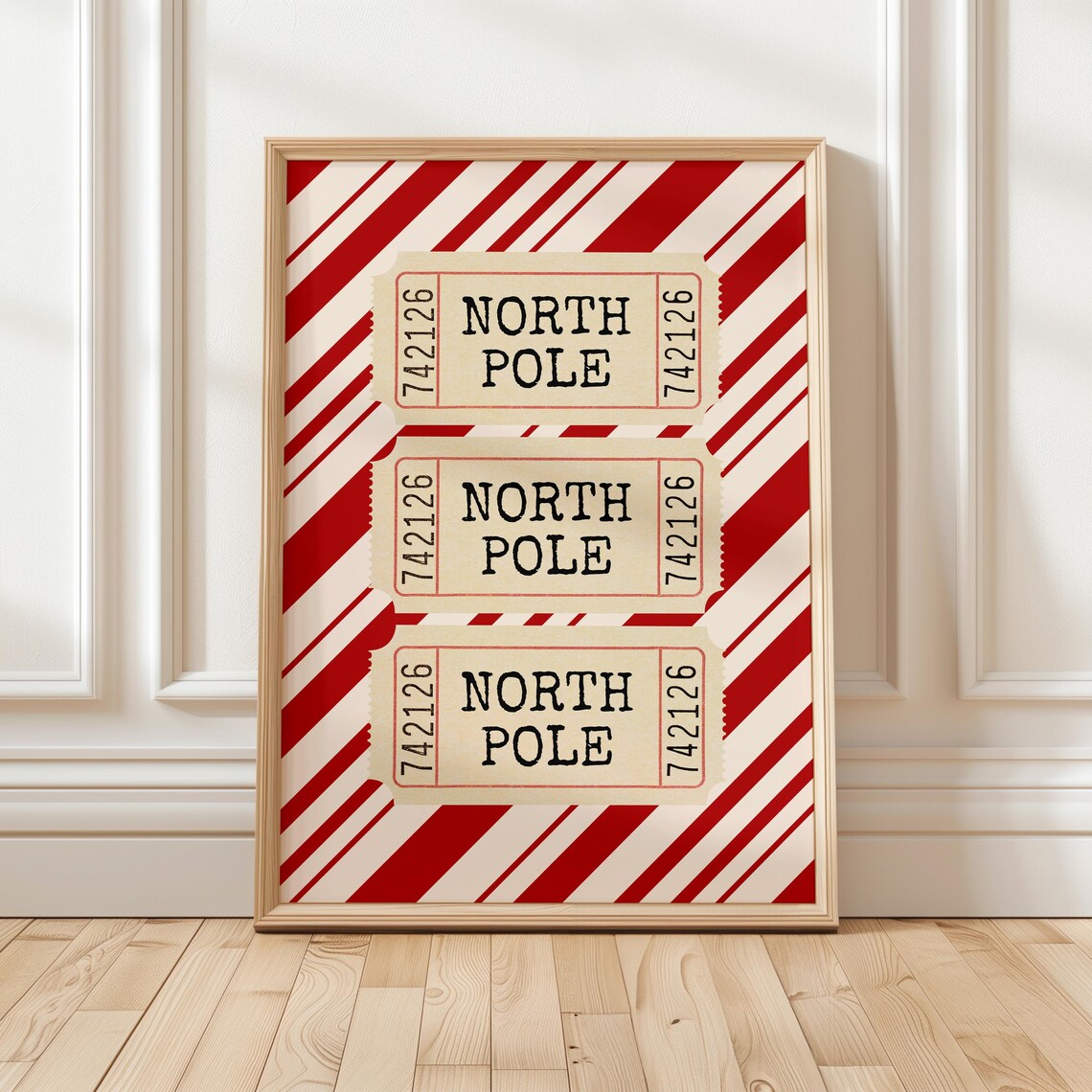 North Pole Ticket Print Red And White Christmas Retro Xmas Poster Vintage Holidays Wall Decor