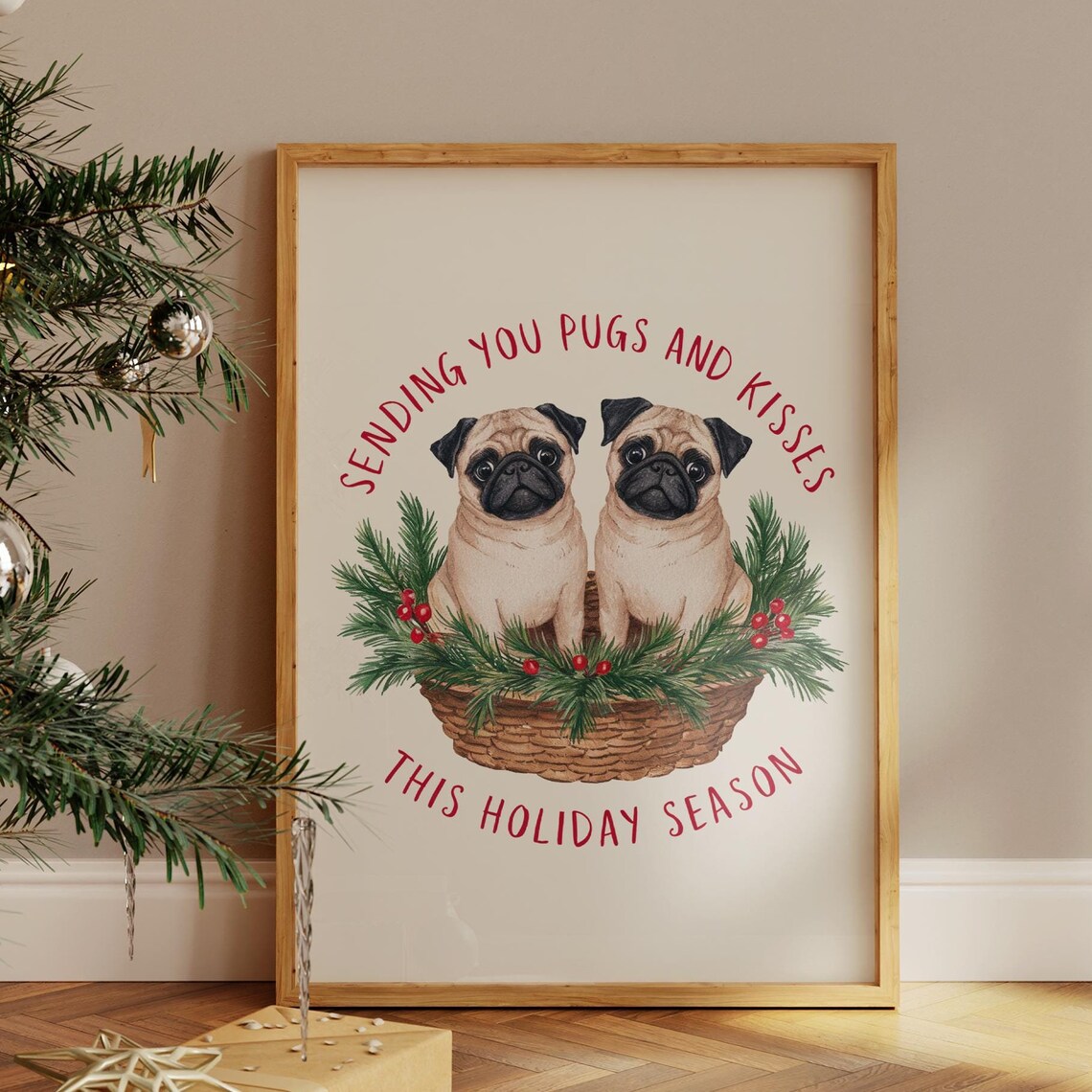 Sending You Pugs And Kisses Cute Pug Christmas Holiday Poster