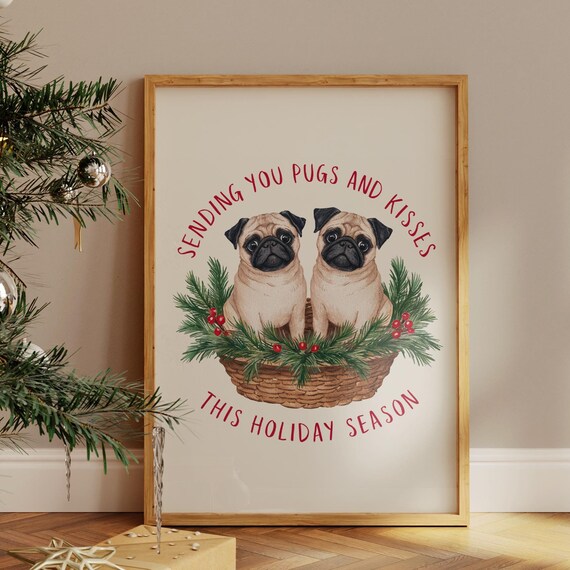Sending You Pugs And Kisses Cute Pug Christmas Holiday Poster