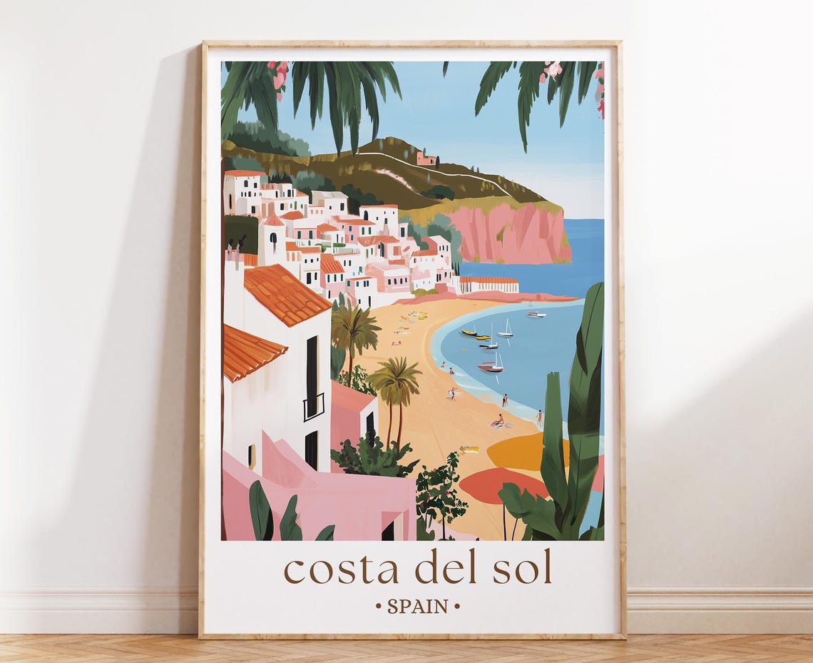 Costa Del Sol Spain Poster Mediterranean Beach Town Curved Bay Boats