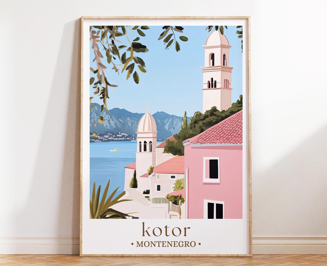 Kotor Montenegro Bay Church Towers Pink Houses Mountain View Poster