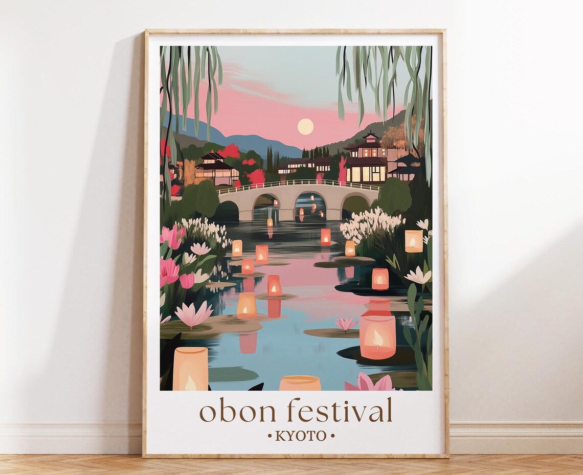 Obon Festival Kyoto Japan Glowing Lanterns Moonlit Bridge Night Poster