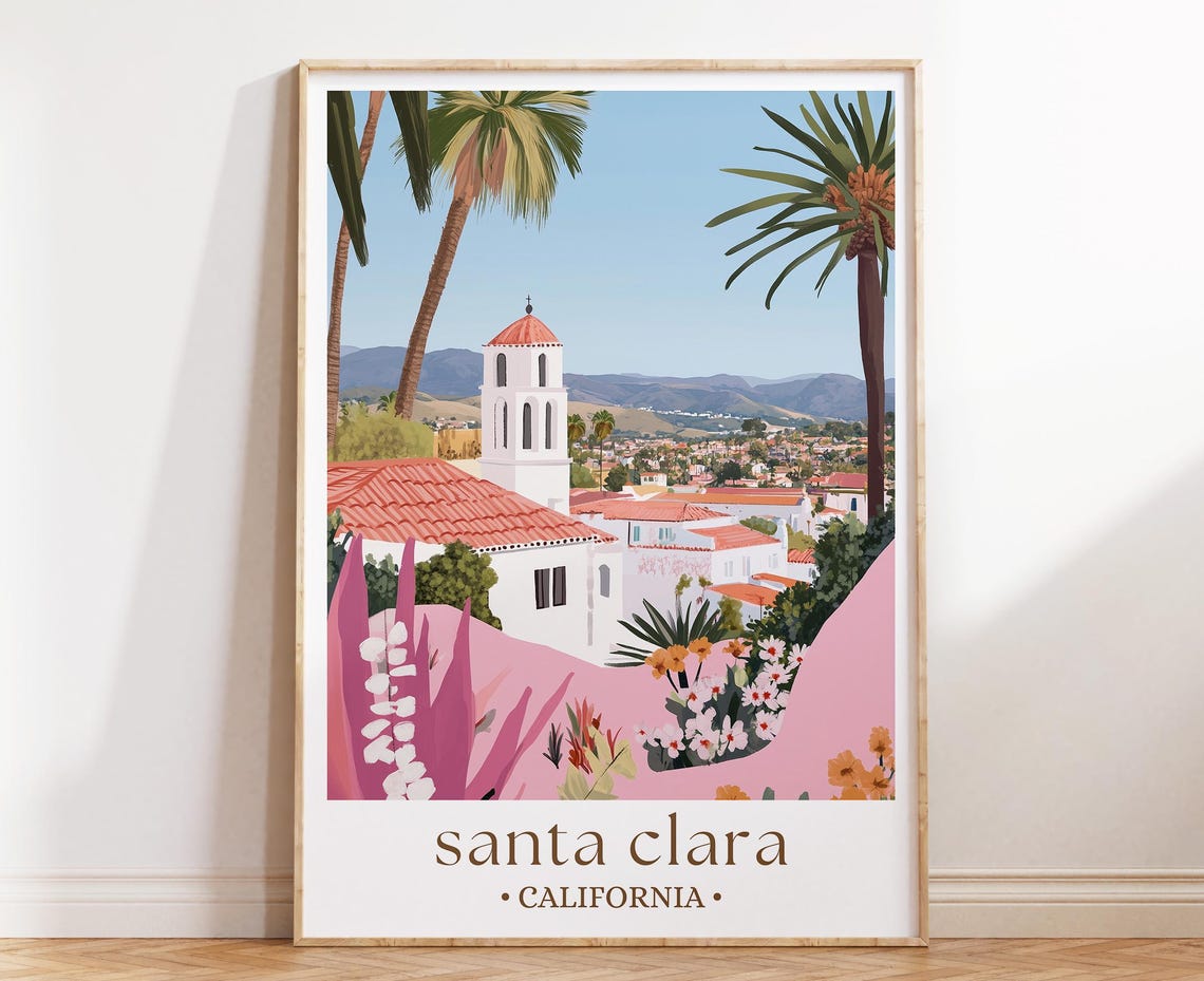 Santa Clara California Poster Mission Bell Tower Palm Town Hills View