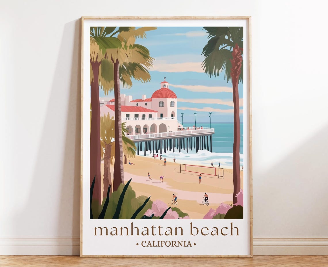 Manhattan Beach California Pier Palms Beach Scene Travel Poster