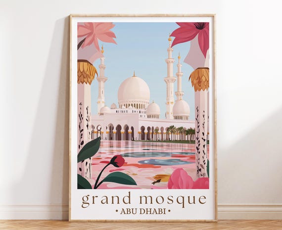 Grand Mosque Abu Dhabi Travel Poster Middle Eastern Architecture Print Islamic Landmark Art Travel Wall Decor Gift