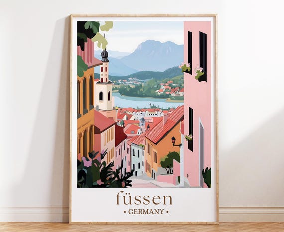 Fussen Germany Wall Art Bavarian Town Travel Poster Castle Landscape Illustration European Mountain Decor