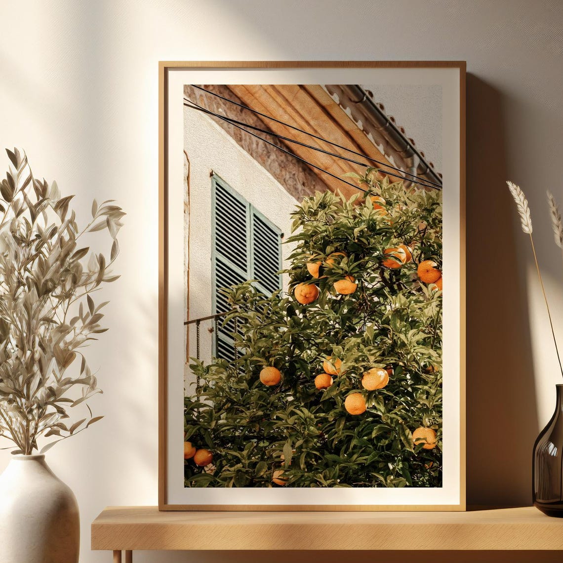 Sunlit Orange Tree Against Rustic Mediterranean Stone House Art Poster
