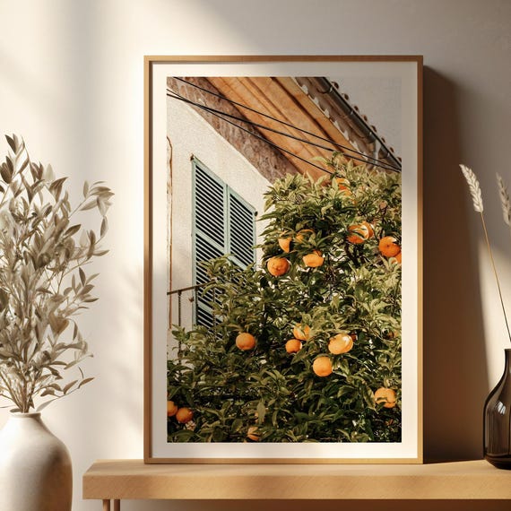 Mediterranean Wall Art Orange Tree Print Rustic Stone House Poster Summer Decor Green Home Boho