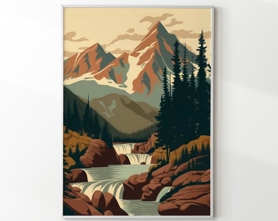 Rustic River Mountain Painting Landscape Vintage Cabin Art Print Winter Study Decor Mountain River Poster