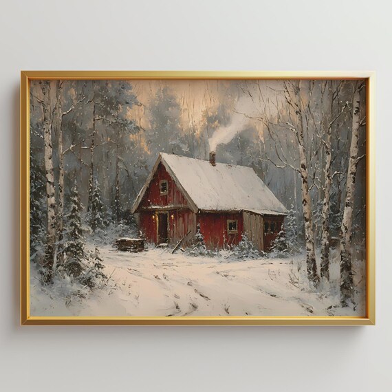 Rustic Red Cabin in Snowy Winter Forest Vintage Painting Poster