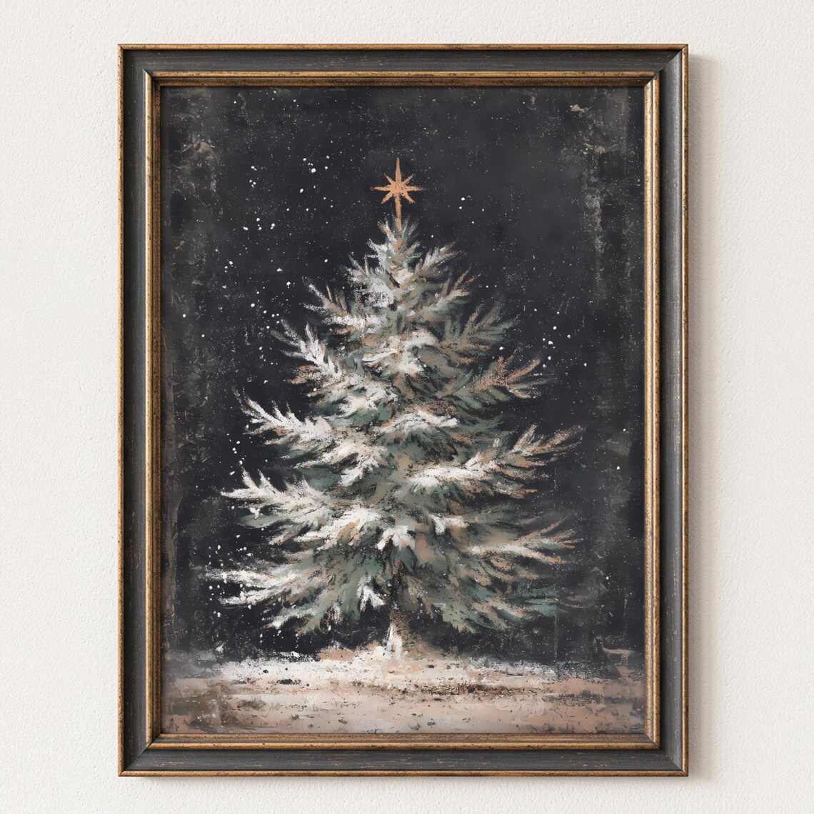Snowy Christmas Tree Gold Star Dark Moody Vintage Holiday Print
