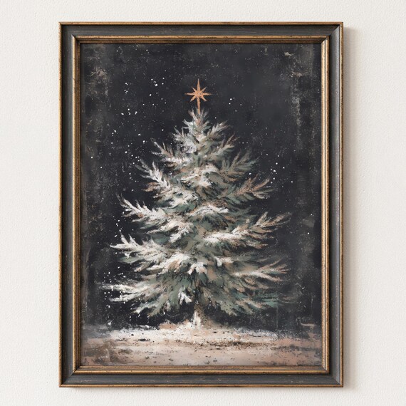 Snowy Christmas Tree Gold Star Dark Moody Vintage Holiday Print