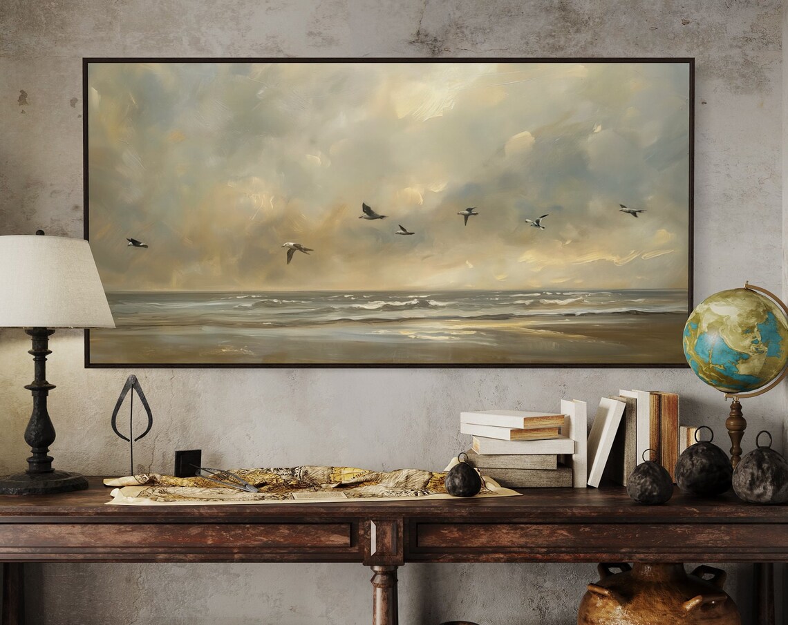 Seagulls Flying Over Moody Golden Ocean Seascape Rustic Wall Art